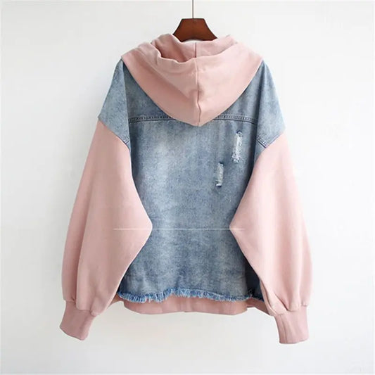 Frida | Damen Lässige Oversize Jeans Kapuzenjacke mit Reissverschluss