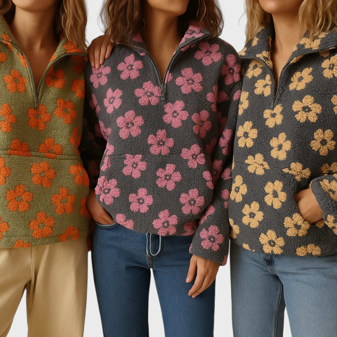 Isabelle | Damen Oversize Blumenmuster Teddy Pullover mit Reissverschluss