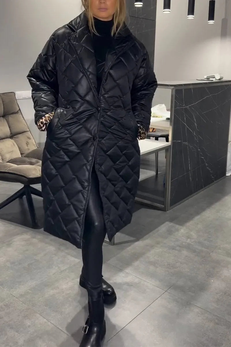 Bianca | Damen Lange Winter Steppjacke mit Druckknöpfen