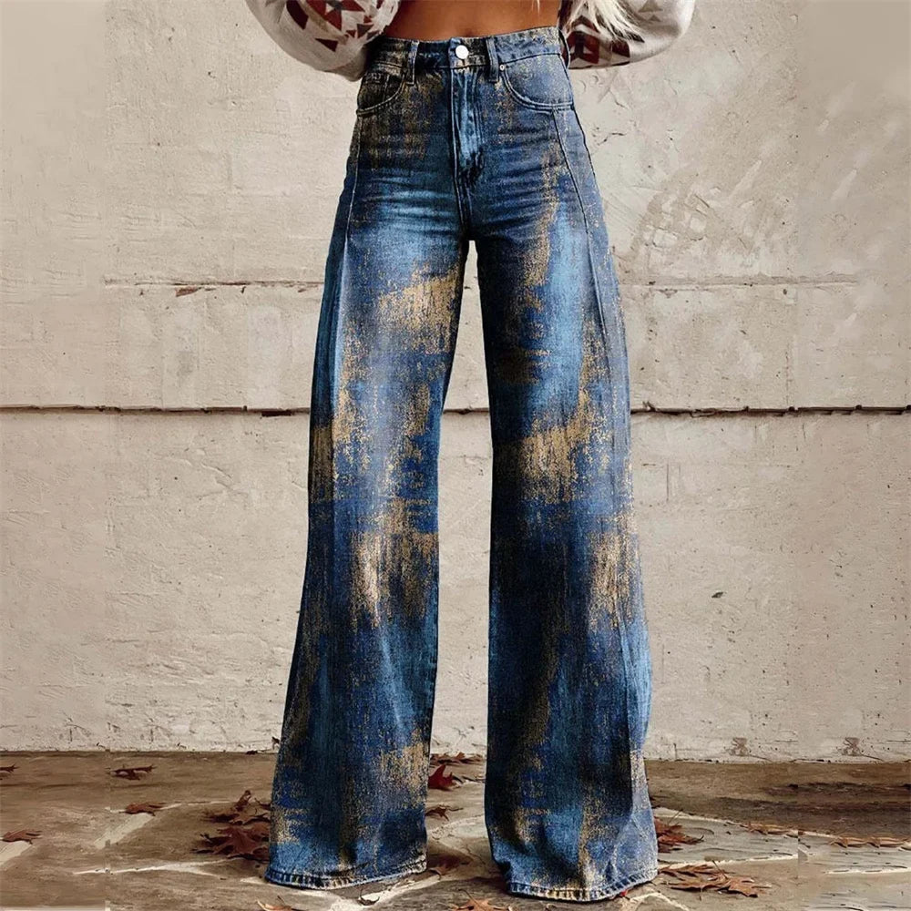 Beatrice | Damen Hochtaillierte Bedruckte Schlagjeans