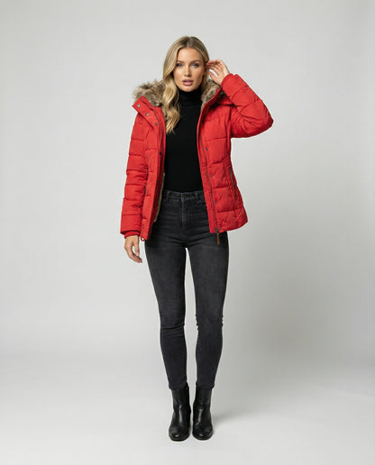 Dagmar | Damen Wattierte Winter Kunstfelljacke mit Kapuze