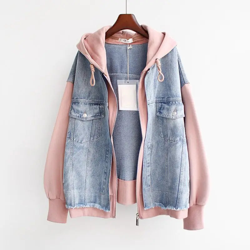 Frida | Damen Lässige Oversize Jeans Kapuzenjacke mit Reissverschluss