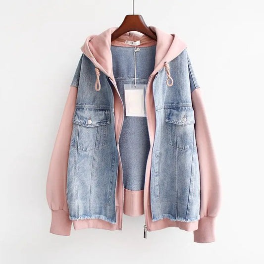 Frida | Damen Lässige Oversize Jeans Kapuzenjacke mit Reissverschluss