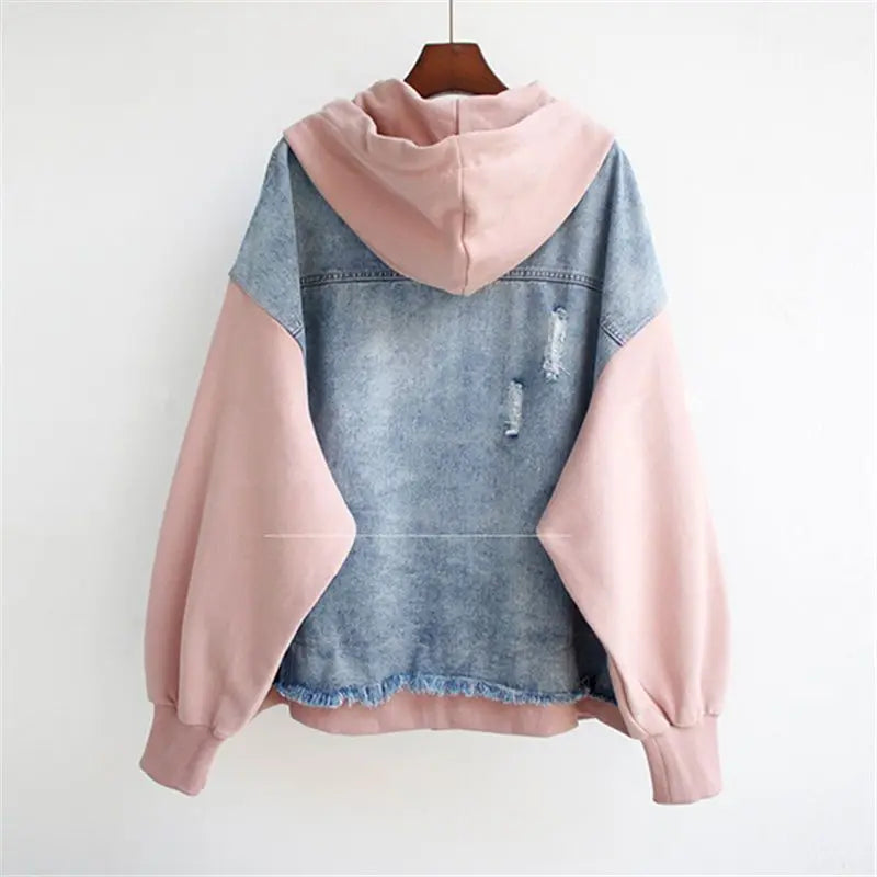Frida | Damen Lässige Oversize Jeans Kapuzenjacke mit Reissverschluss