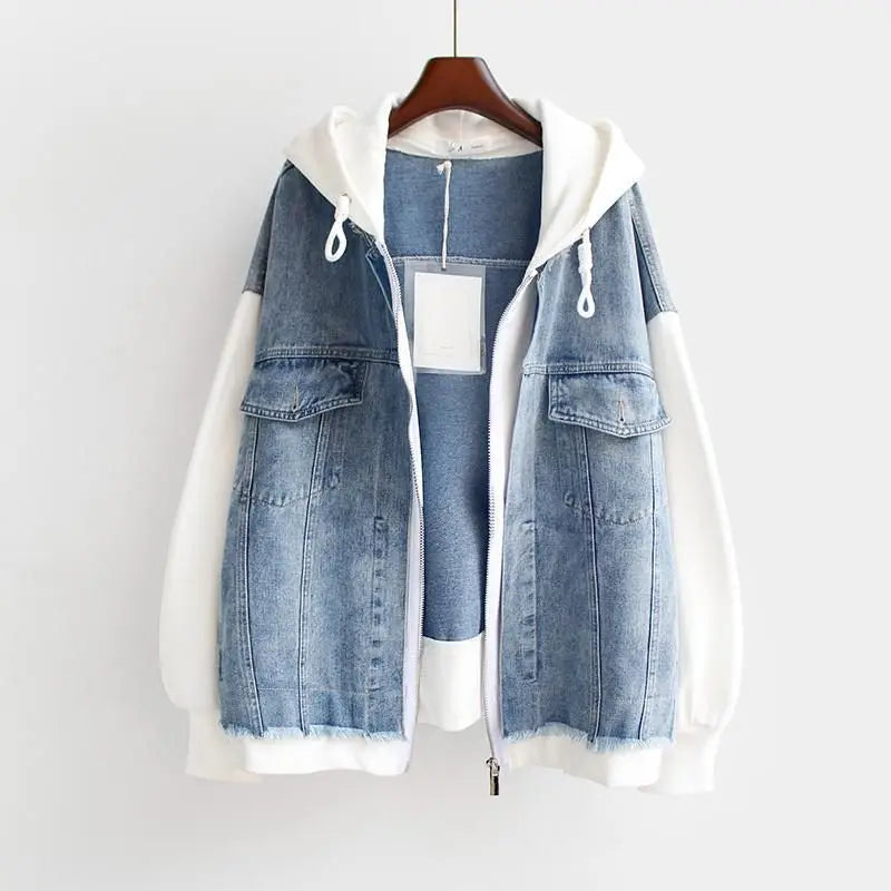 Frida | Damen Lässige Oversize Jeans Kapuzenjacke mit Reissverschluss