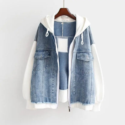 Frida | Damen Lässige Oversize Jeans Kapuzenjacke mit Reissverschluss