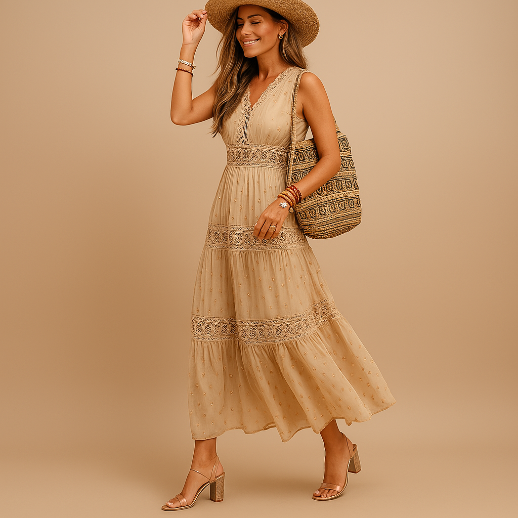 Gabriela | Damen Luftiges Boho V-Ausschnitt Maxikleid mit Spitzenbesatz