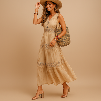 Gabriela | Damen Luftiges Boho V-Ausschnitt Maxikleid mit Spitzenbesatz