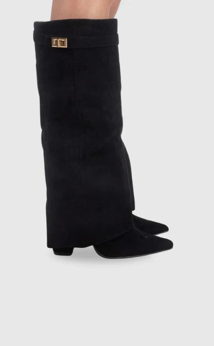 Giulia | Damen Schwarze Kniehohe Wildlederstiefel mit Blockabsatz