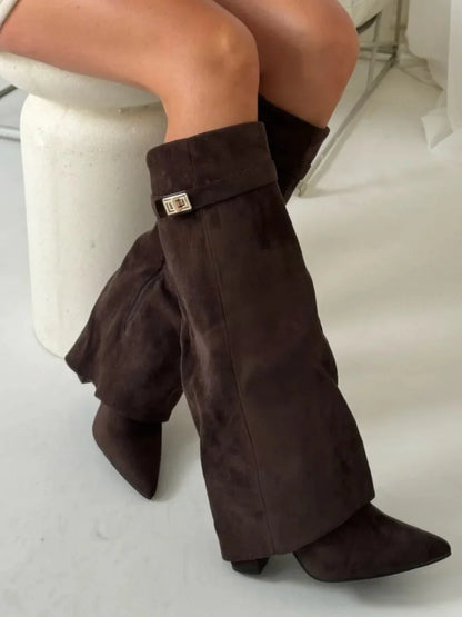 Giulia | Damen Schwarze Kniehohe Wildlederstiefel mit Blockabsatz