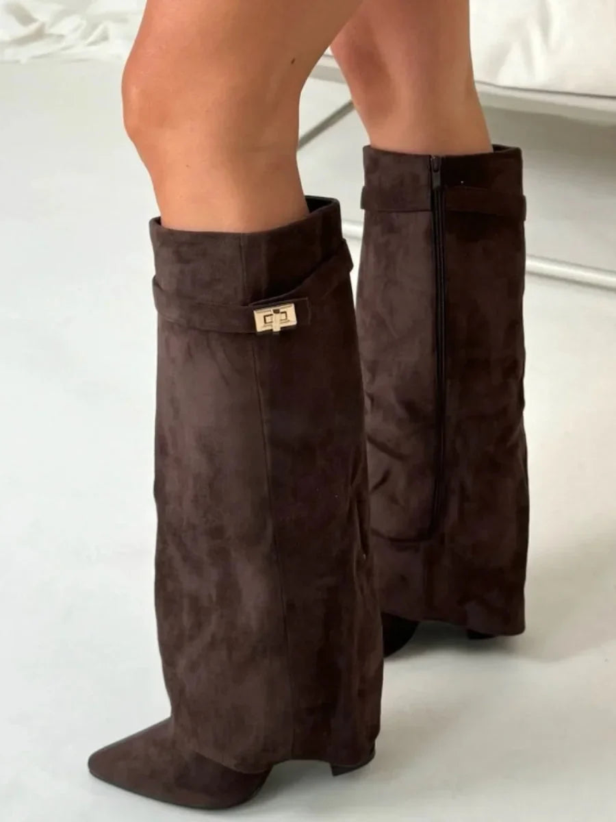 Giulia | Damen Schwarze Kniehohe Wildlederstiefel mit Blockabsatz