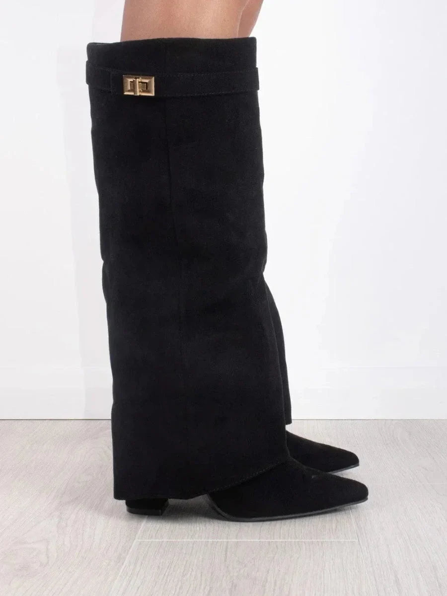 Giulia | Damen Schwarze Kniehohe Wildlederstiefel mit Blockabsatz