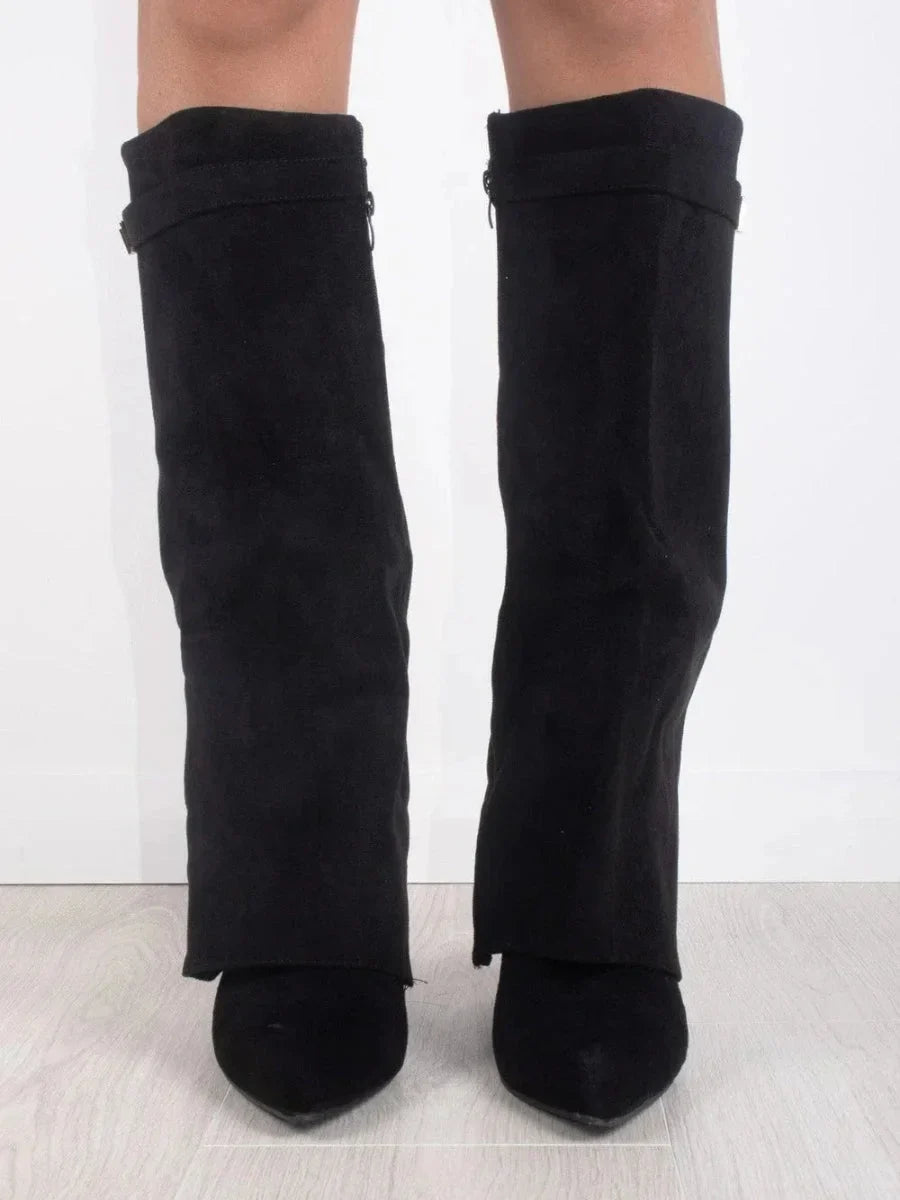 Giulia | Damen Schwarze Kniehohe Wildlederstiefel mit Blockabsatz
