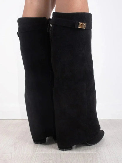 Giulia | Damen Schwarze Kniehohe Wildlederstiefel mit Blockabsatz