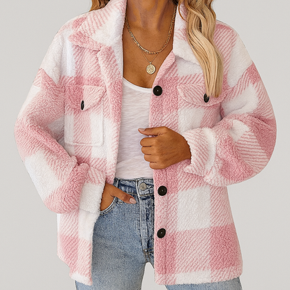 Greta | Damen Flauschige Karierte Patchwork Jacke