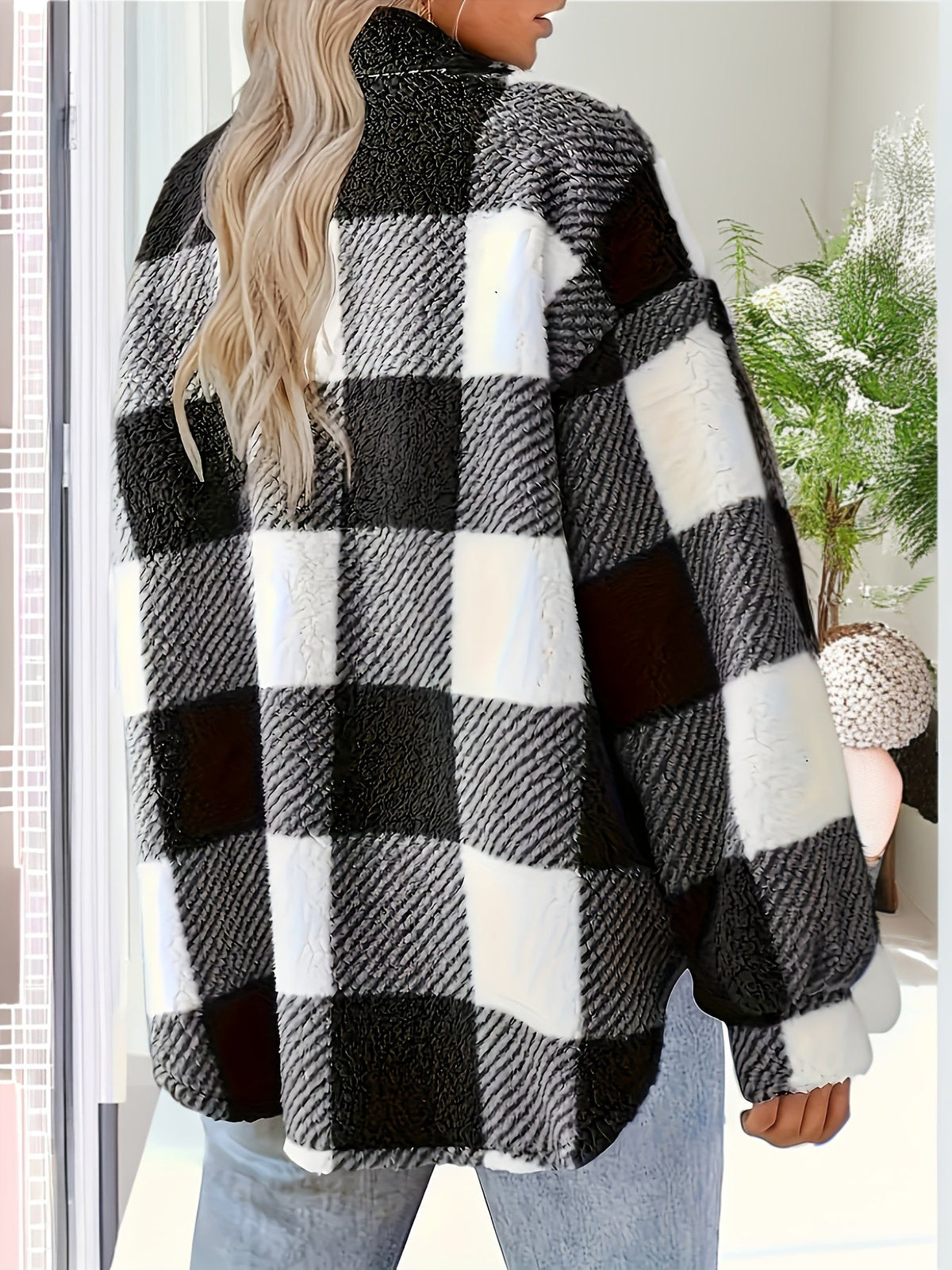 Greta | Damen Flauschige Karierte Patchwork Jacke