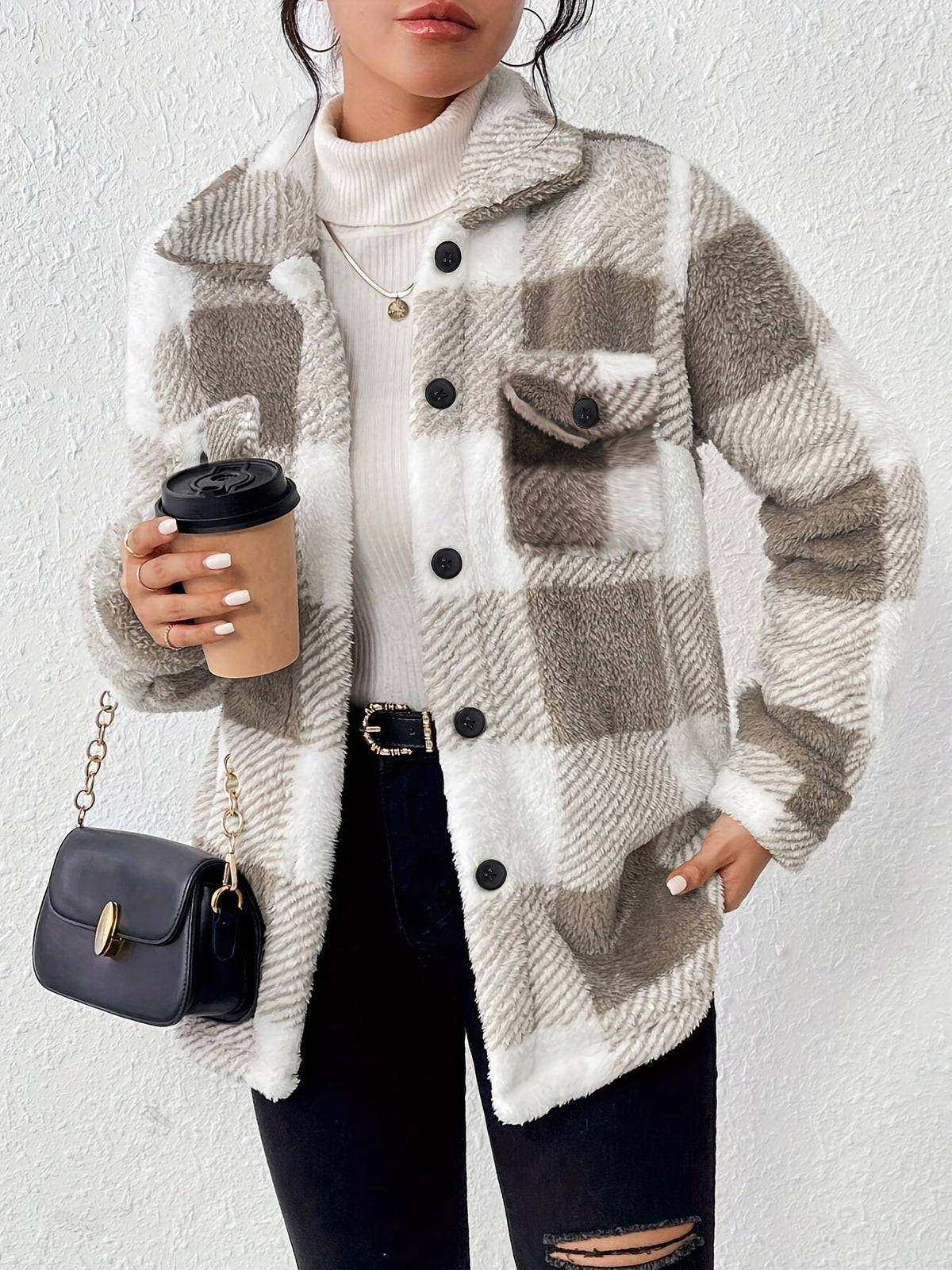 Greta | Damen Flauschige Karierte Patchwork Jacke