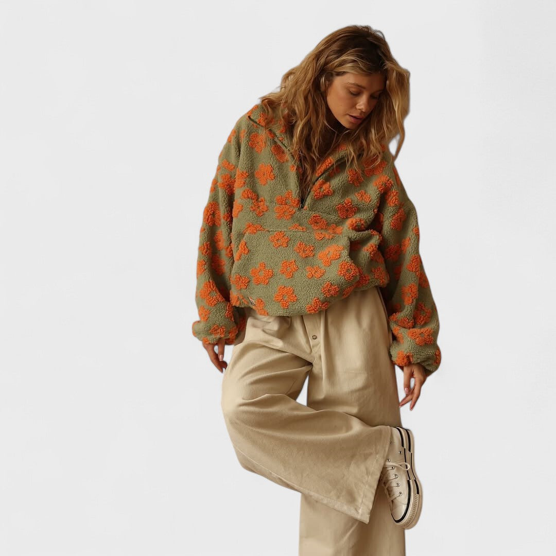 Isabelle | Damen Oversize Blumenmuster Teddy Pullover mit Reissverschluss