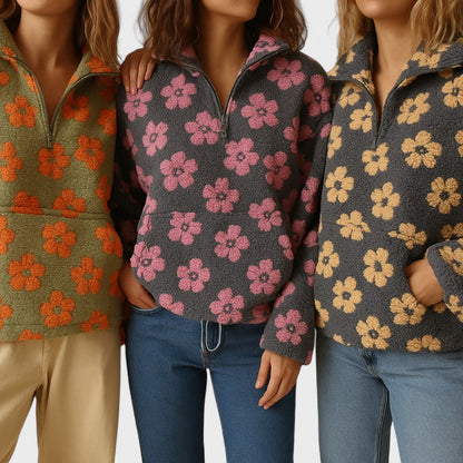 Isabelle | Damen Oversize Blumenmuster Teddy Pullover mit Reissverschluss