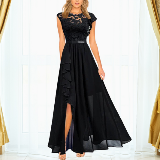 Joana | Damen Elegantes Asymmetrisches Abend Maxikleid mit Spitzenoberteil
