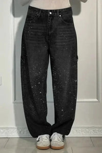 Liliane | Damen Hochgeschnittener Taillenbund Wide Leg Glitzerjeans