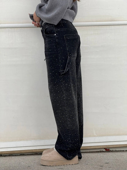 Liliane | Damen High Waist Wide Leg Glitzerjeans mit funkelndem Glitterdetail
