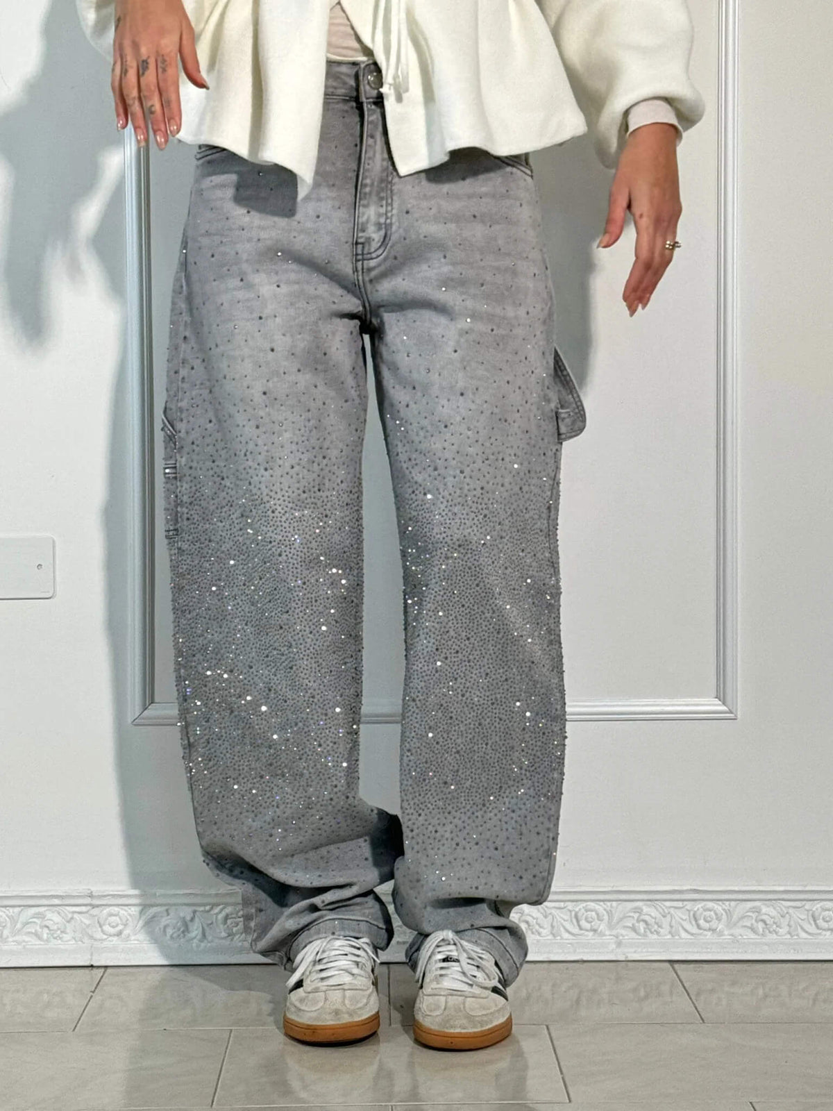 Liliane | Damen High Waist Wide Leg Glitzerjeans mit funkelndem Glitterdetail