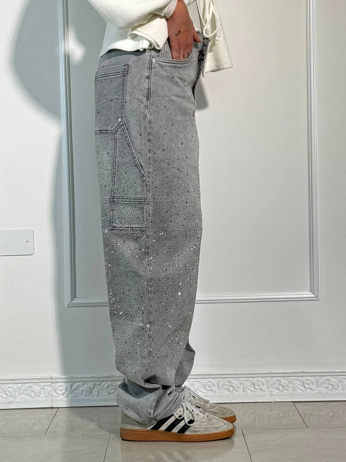 Liliane | Damen High Waist Wide Leg Glitzerjeans mit funkelndem Glitterdetail
