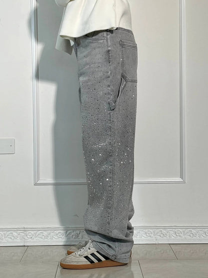 Liliane | Damen High Waist Wide Leg Glitzerjeans mit funkelndem Glitterdetail