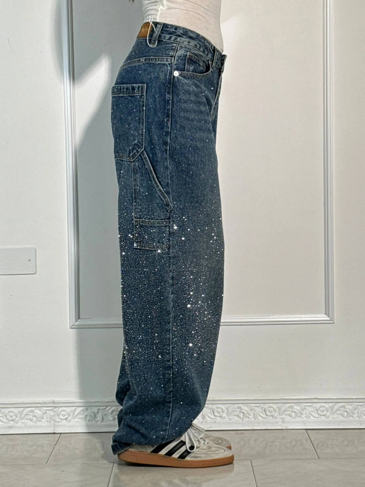 Liliane | Damen High Waist Wide Leg Glitzerjeans mit funkelndem Glitterdetail