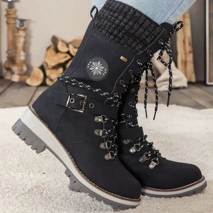 Linda | Damen Wasserdichte Winter Schnürstiefel mit Strickschaft