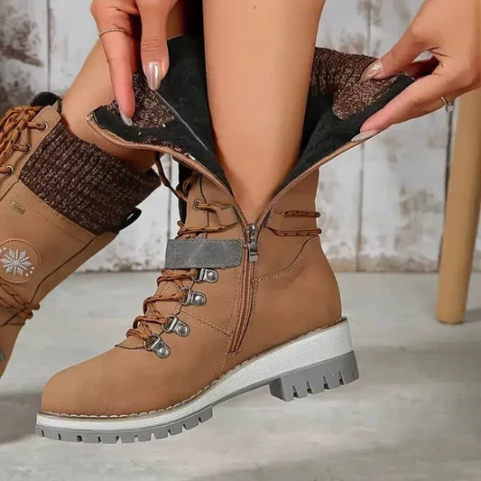 Linda | Damen Wasserdichte Winter Schnürstiefel mit Strickschaft