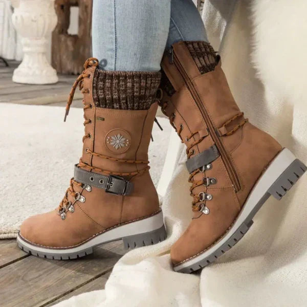 Linda | Damen Wasserdichte Winter Schnürstiefel mit Strickschaft