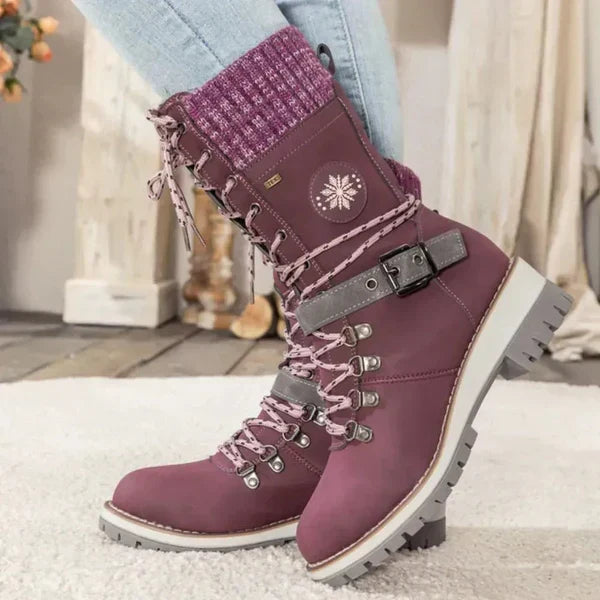 Linda | Damen Wasserdichte Winter Schnürstiefel mit Strickschaft