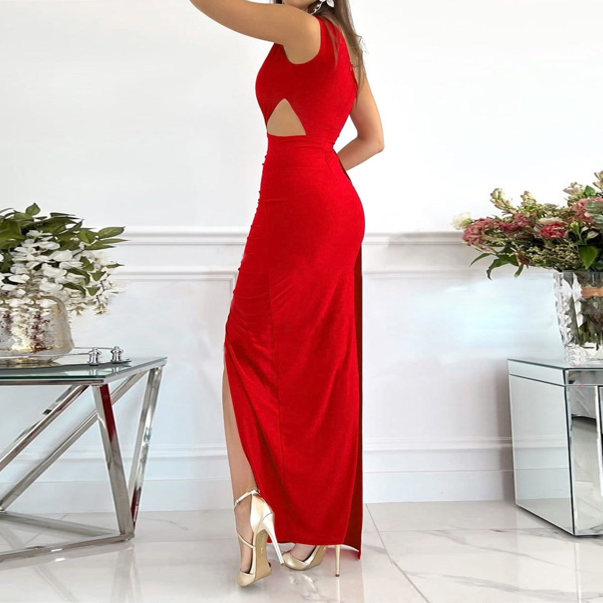 Livia | Damen One-Shoulder Abendkleid mit Beinschlitz und Cut-out