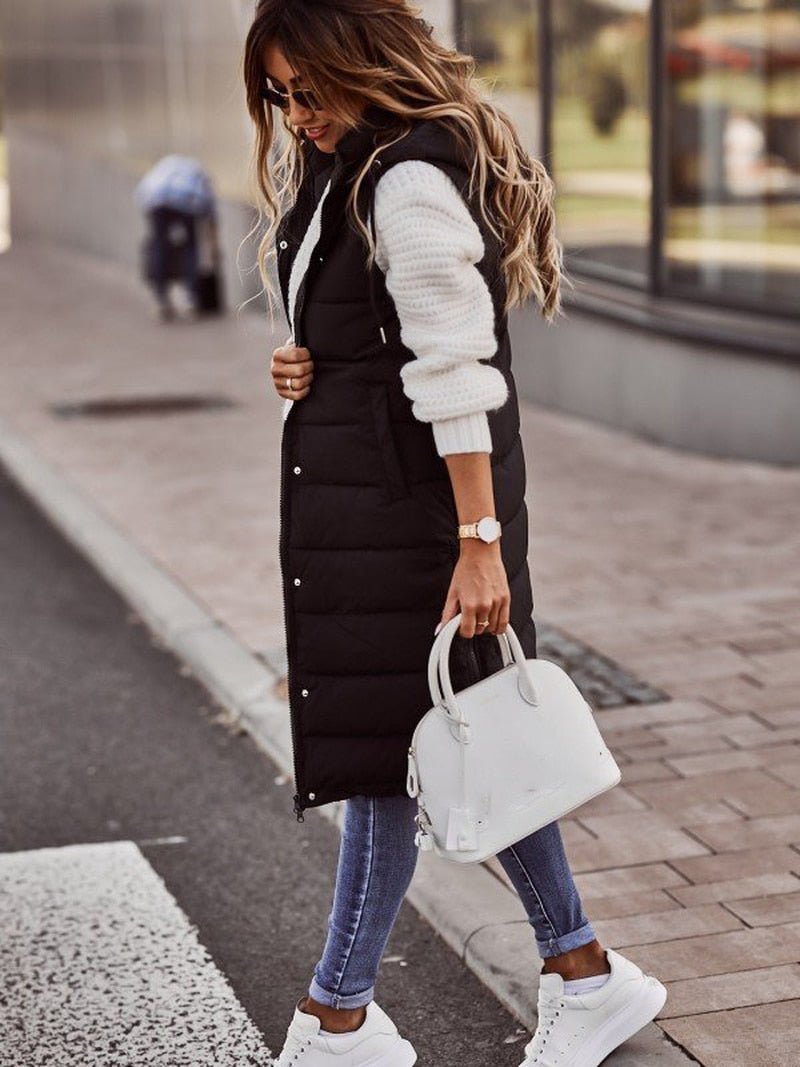 Maud | Damen Ärmellose Lange Daunenjacke mit Kapuze