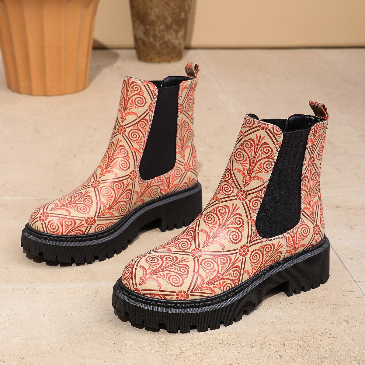 Nina | Damen Bedruckte Chelsea Stiefel mit grober Sohle