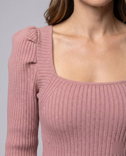 Rahel | Damen Figurbetontes Rippstrick Midi Strickkleid mit Karree Ausschnitt