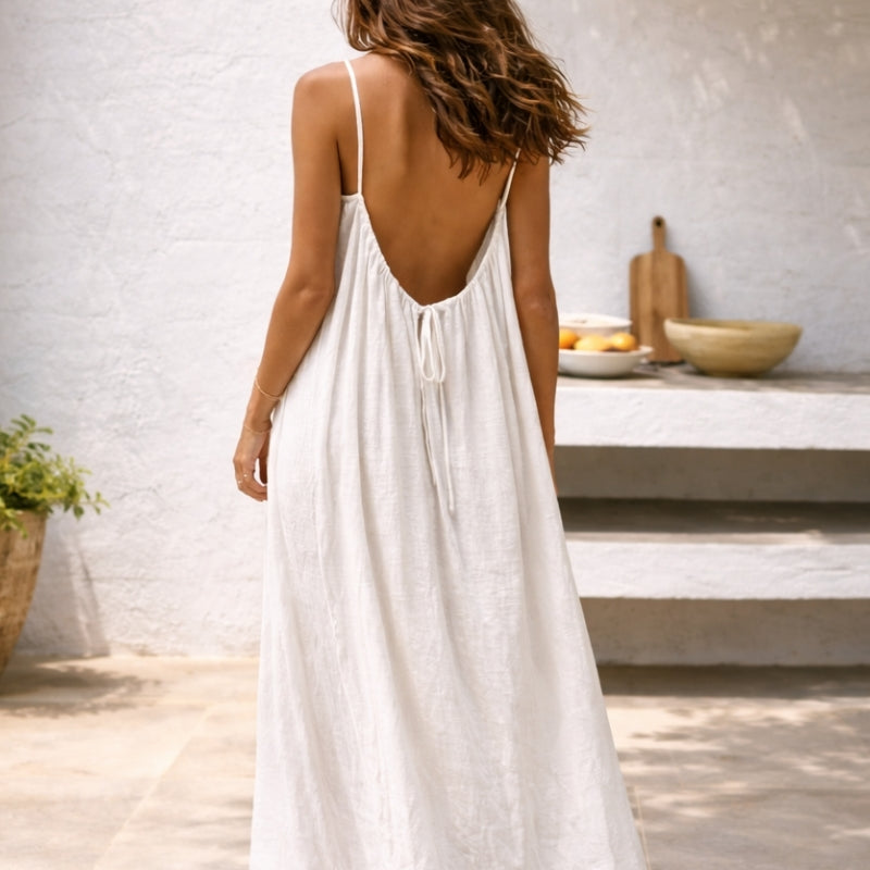 Tania | Damen Lockeres Maxikleid mit Bauchbedeckung und Rückenausschnitt